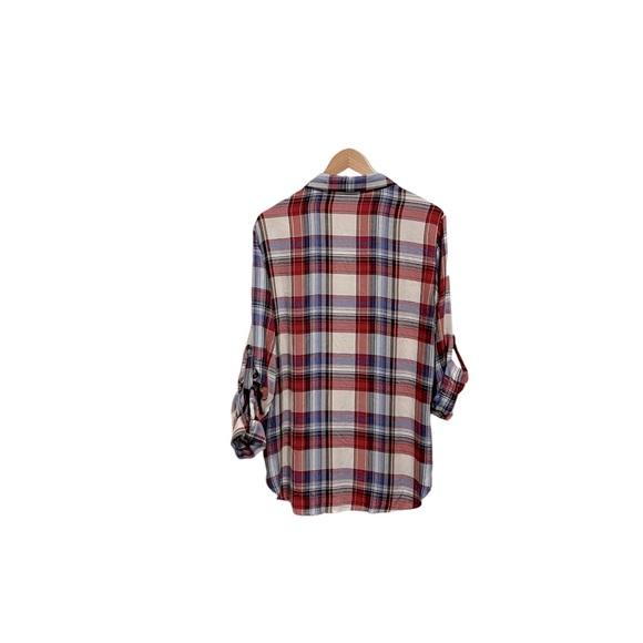 Chelsea & Theodore Red/White/Blue Plaid  Roll Tab Sleeve Size XL NWT - Picture 2 of 7